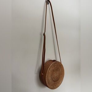 Round Woven Tan Crossbody Bag